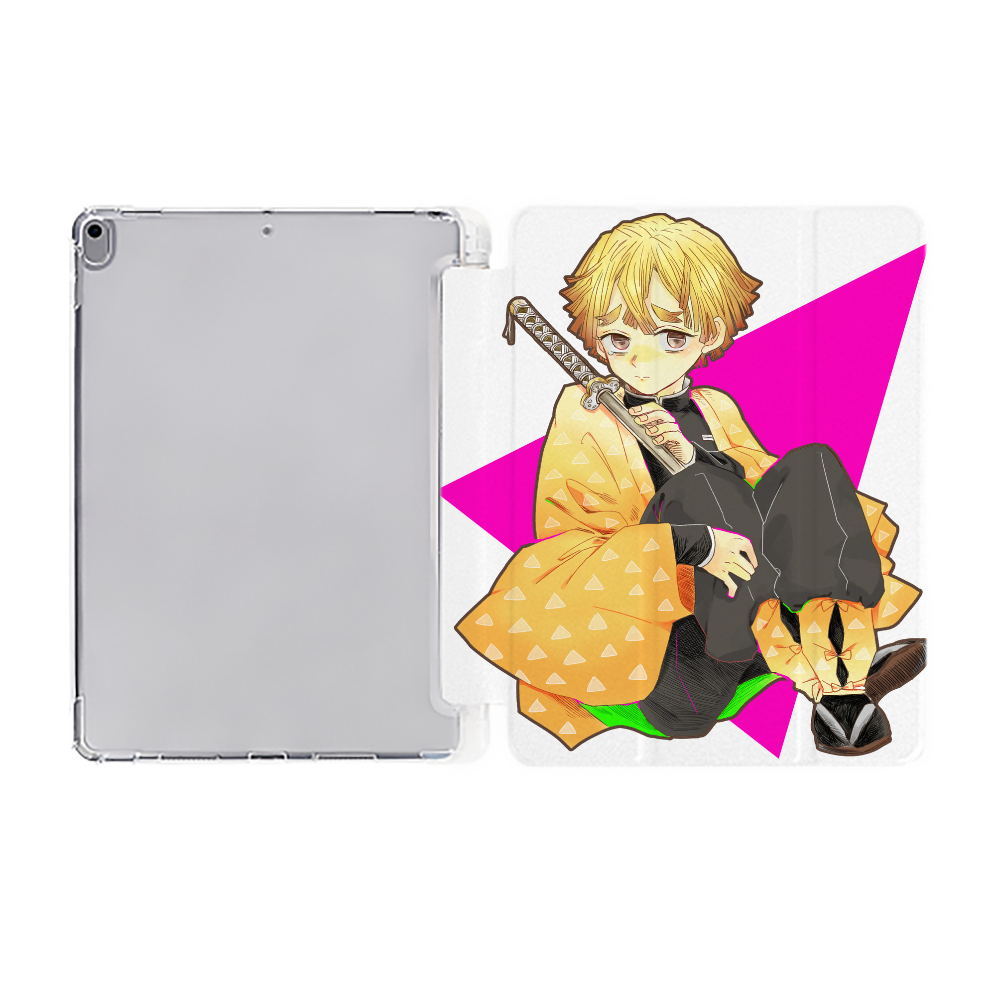 （画像用） 鬼滅の刃（きめつのやいば）我妻 善逸／あがつま ぜんいつ Agatsuma Zenitsu IPad ケース ペン収納付き 三つ折りスタンド PUレザー×シリコン 対応機種9.5/10.5/10.9インチ